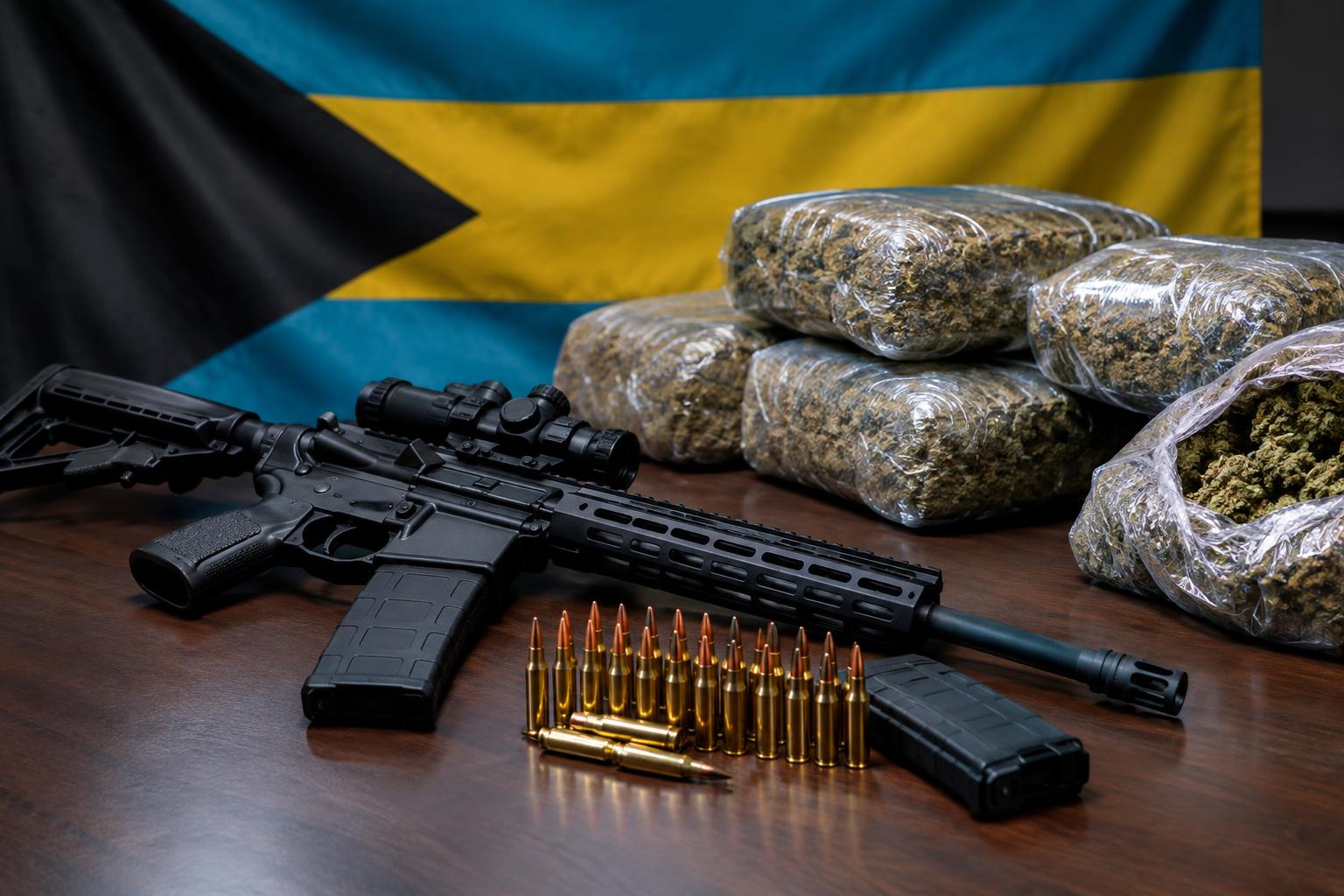 A high-powered firearm and ammunition rounds displayed alongside packages of suspected marijuana on a table, with the Bahamas flag in the background, photographed in stark police evidence lighting with no identifiable people