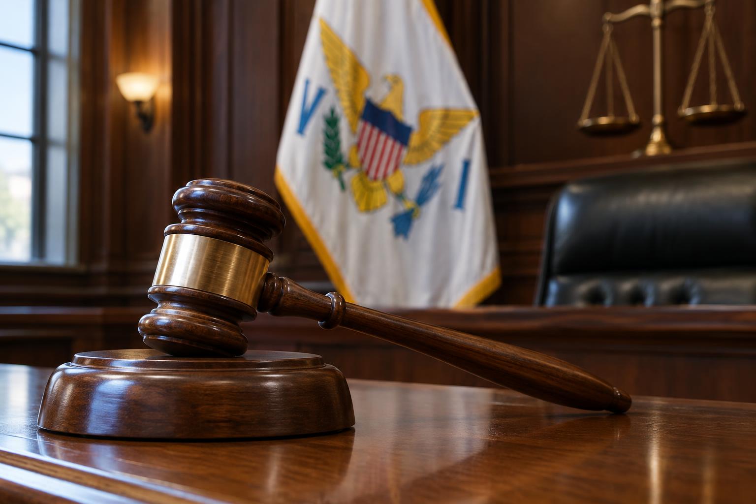 A wooden gavel resting on a courthouse bench with the US Virgin Islands flag visible in the background, soft courtroom lighting, no people visible, professional legal setting