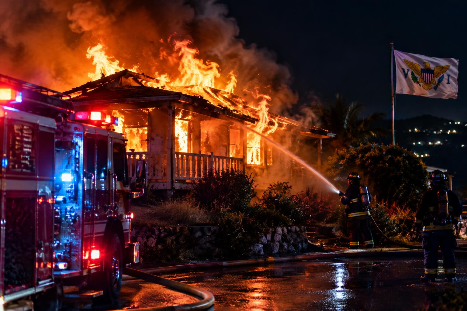 A residential structure engulfed in flames at night with firefighting equipment and emergency lights visible, the US Virgin Islands flag in the background