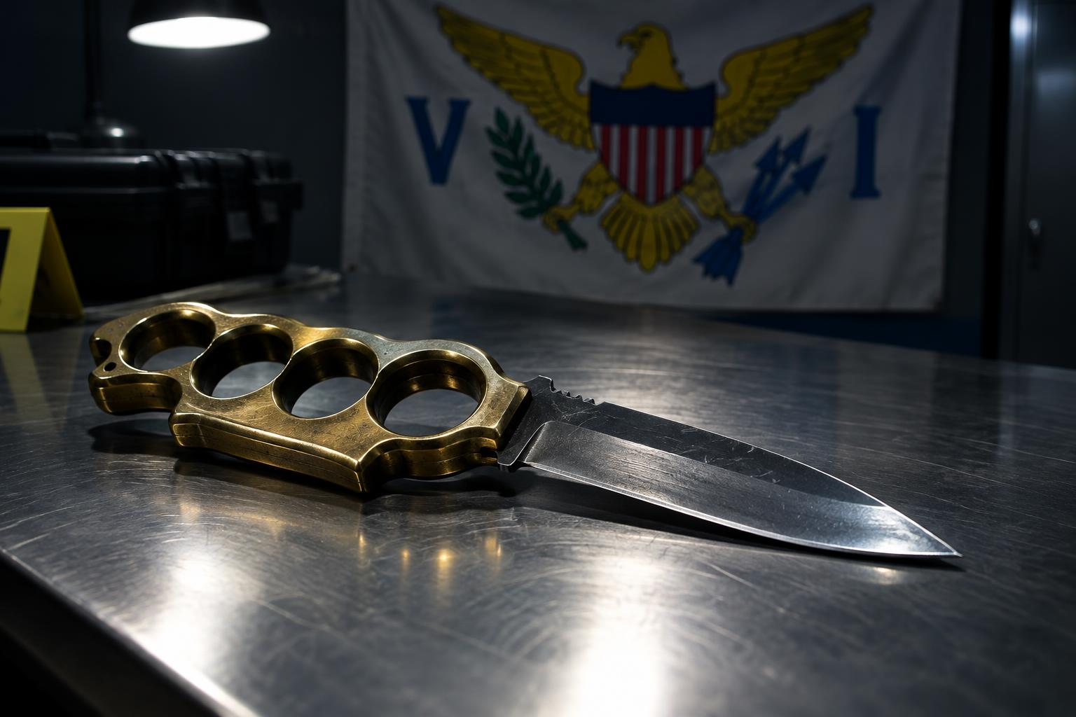 A pair of brass knuckles with an attached blade lying on a police evidence table, the US Virgin Islands flag visible in the background, dramatic overhead lighting