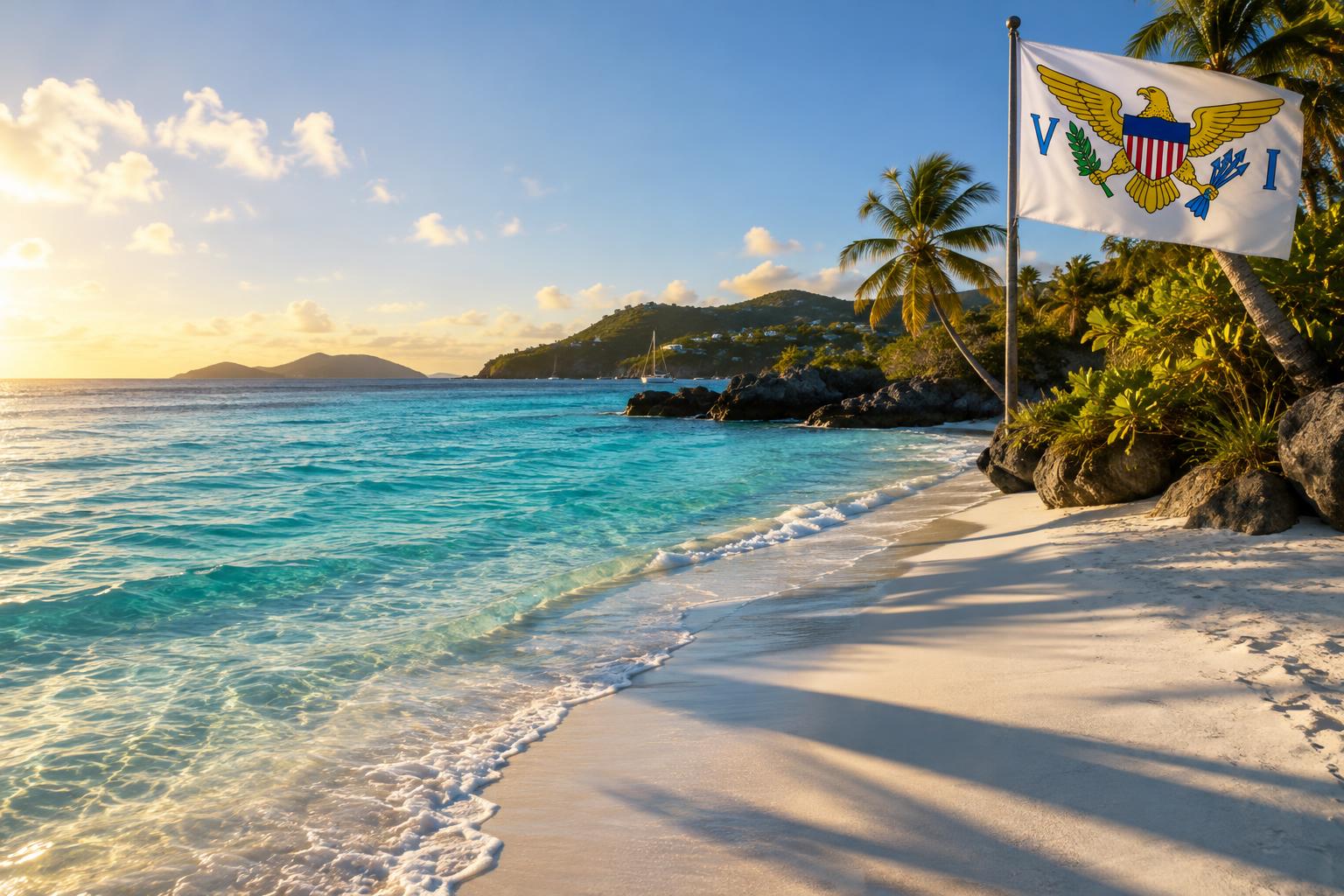 A pristine Caribbean beach with turquoise water and white sand, the US Virgin Islands flag flying in the background, early morning light casting long shadows across the shore