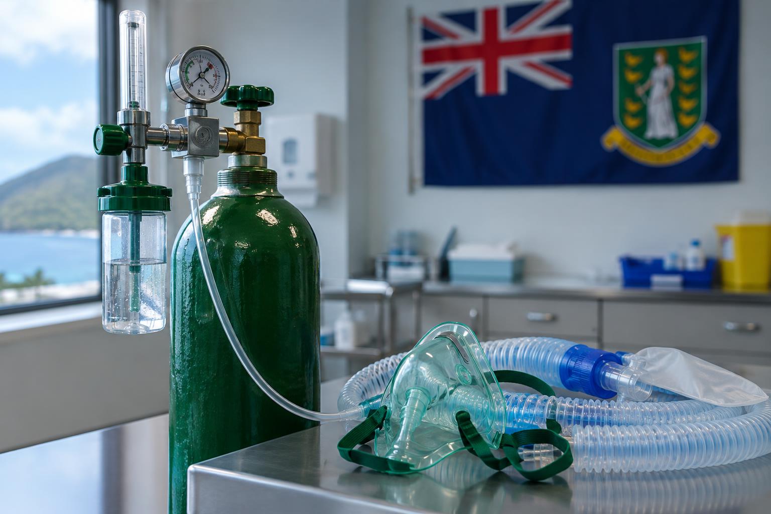 A medical oxygen tank and respiratory equipment on a clinic counter, with the BVI flag visible in the background, soft clinical lighting, no people or identifiable details