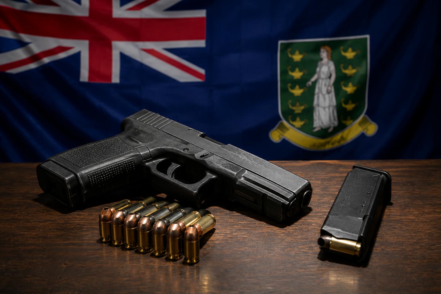 A seized firearm displayed on a table with the British Virgin Islands flag in the background, dramatic overhead lighting, no people visible, professional evidence photography style
