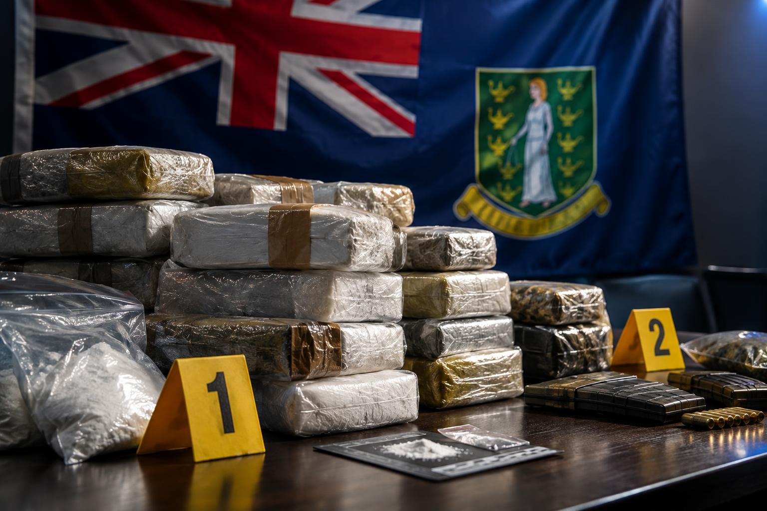 Stacks of seized narcotics and police evidence markers on a table with the BVI flag in the background, cinematic lighting, no identifiable people, no text visible