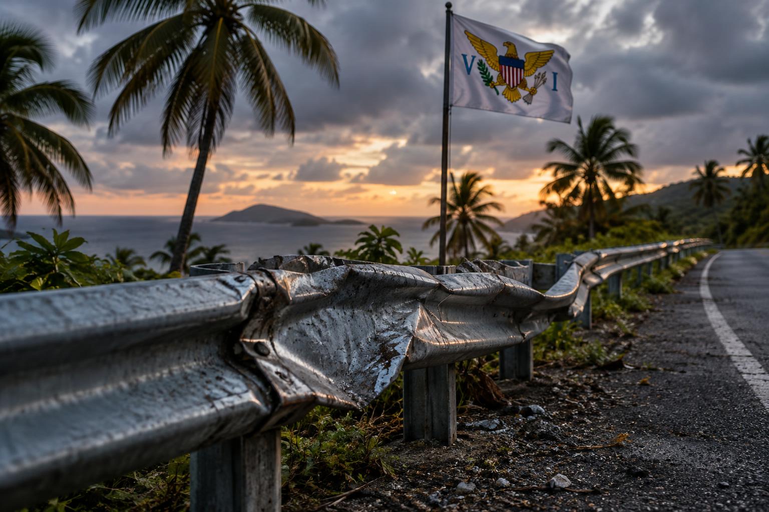 A crumpled guardrail along a tropical road with palm trees visible, the US Virgin Islands flag flying nearby, overcast sky, no vehicles or people visible, cinematic lighting at dusk