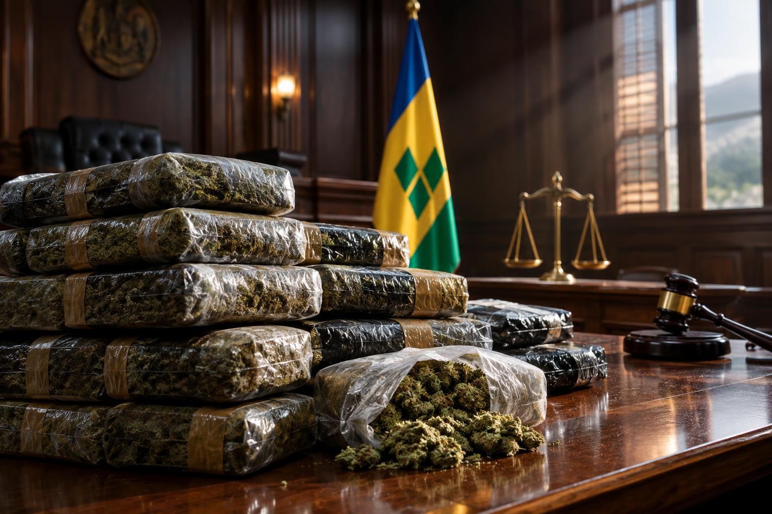 Stacks of cannabis packages on a courthouse desk with the St. Vincent and the Grenadines flag, dramatic courtroom lighting, no identifiable people, cinematic composition