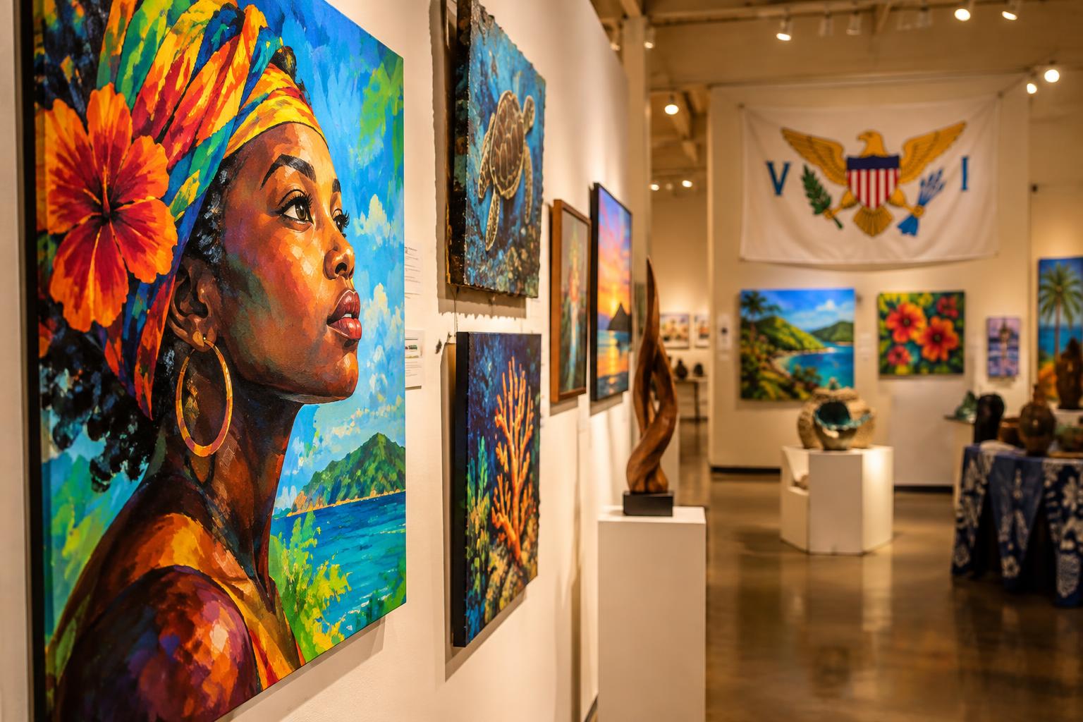 Colorful student artwork displayed on gallery walls with the US Virgin Islands flag visible in the background, warm gallery lighting, diverse art styles and mediums on display