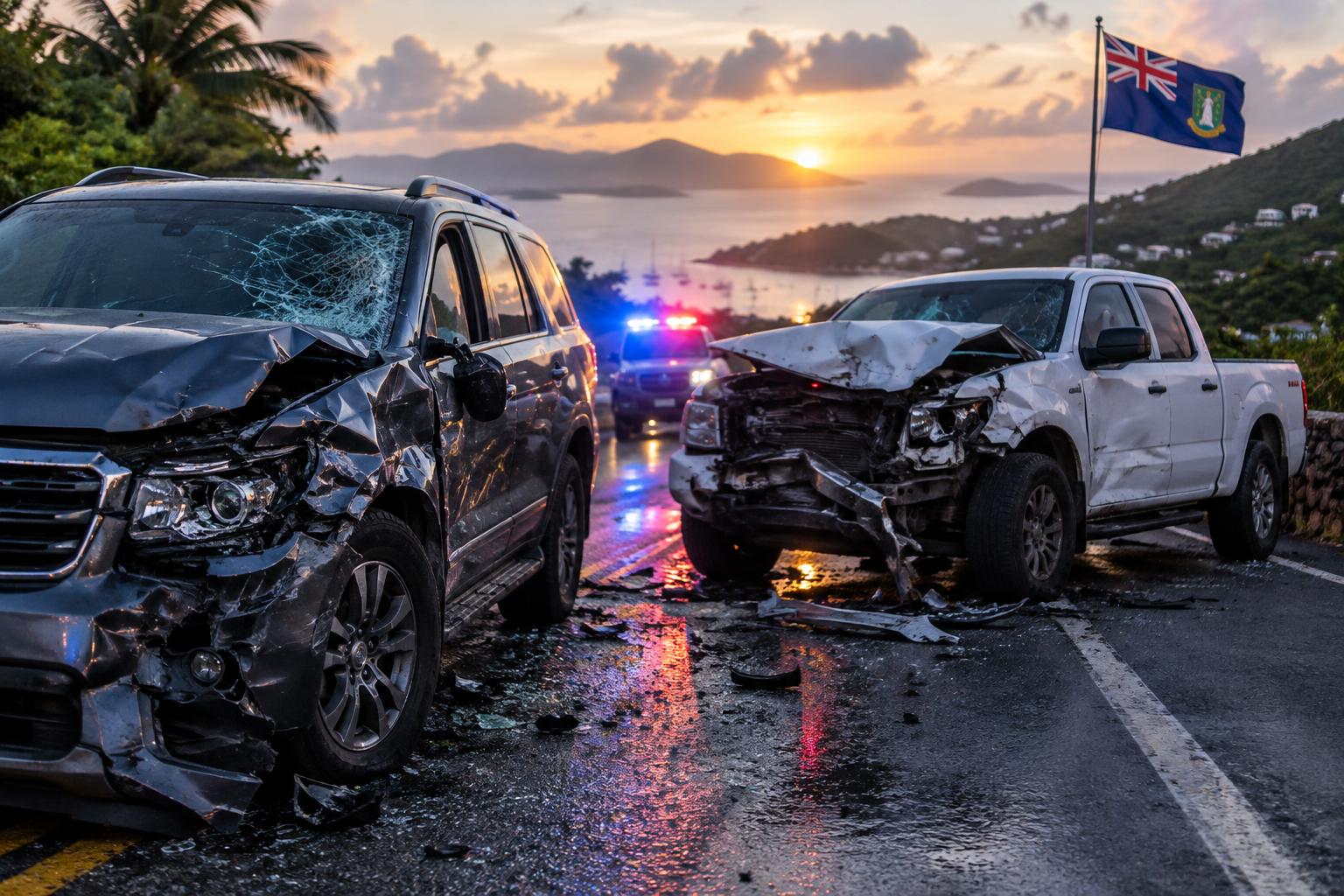 Two damaged vehicles on a Caribbean road at dawn, one SUV and one pickup truck with crumpled metal and broken glass, the BVI flag visible in the background, emergency lights reflecting off the asphalt, no identifiable people visible