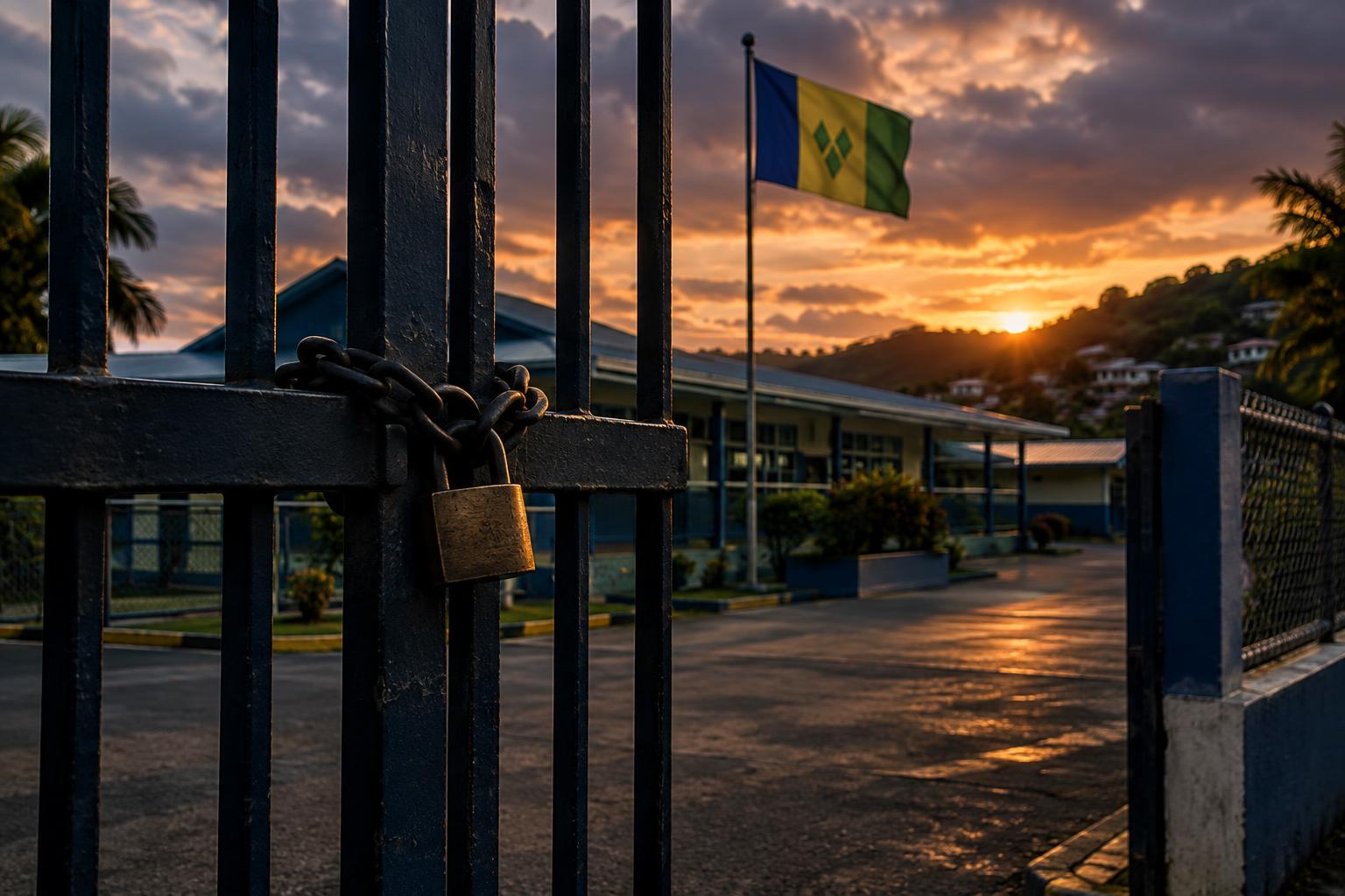 A closed school gate with the flag of St. Vincent and the Grenadines in the background at dusk, symbolising youth violence and school safety concerns, dramatic lighting, no people visible