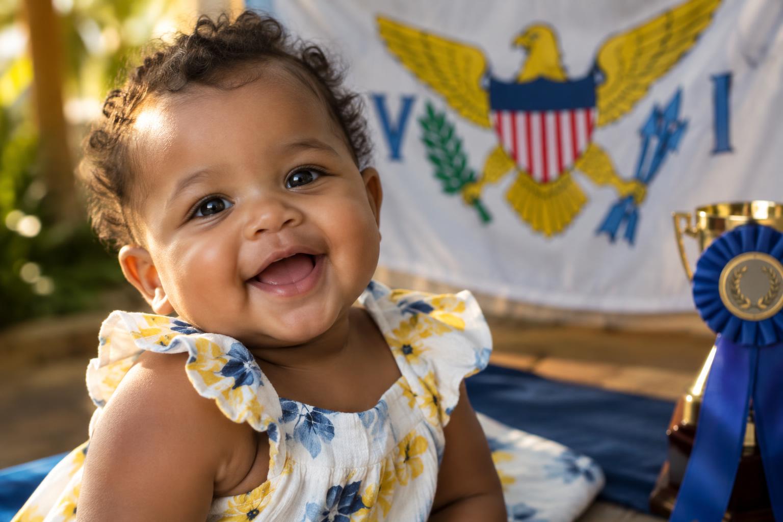 A smiling infant's photo displayed on a voting screen or social media interface, with the US Virgin Islands flag and a trophy or prize ribbon visible in the background, warm natural lighting
