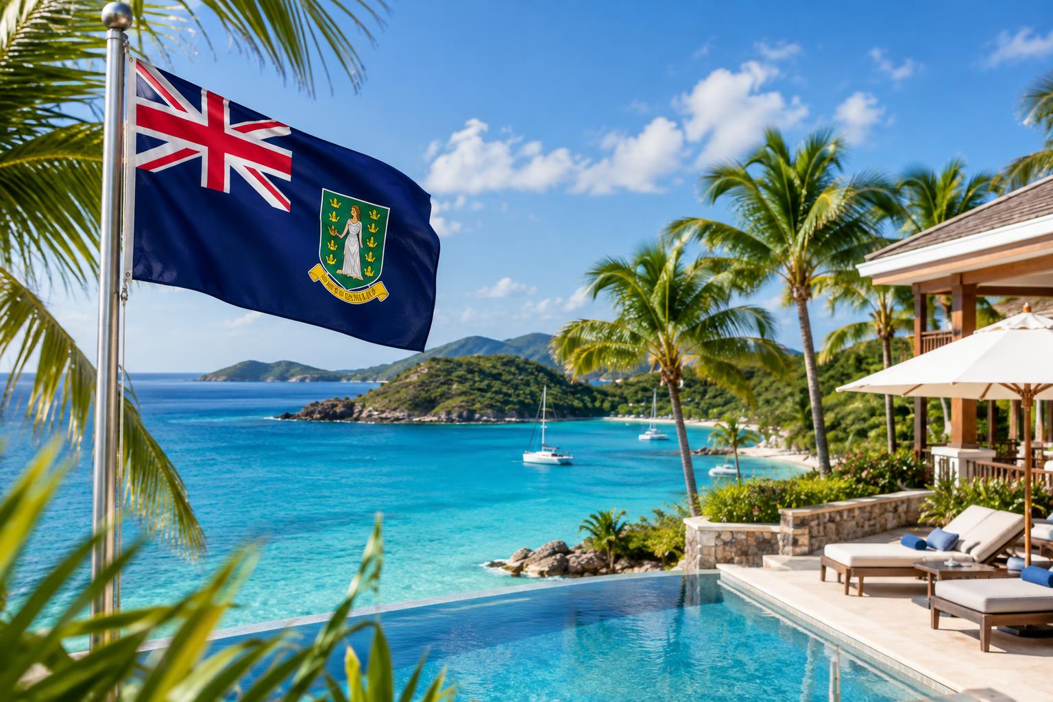 An upscale beachfront resort with crystal waters and palm trees, the British Virgin Islands flag prominently displayed, suggesting Caribbean luxury hospitality and travel