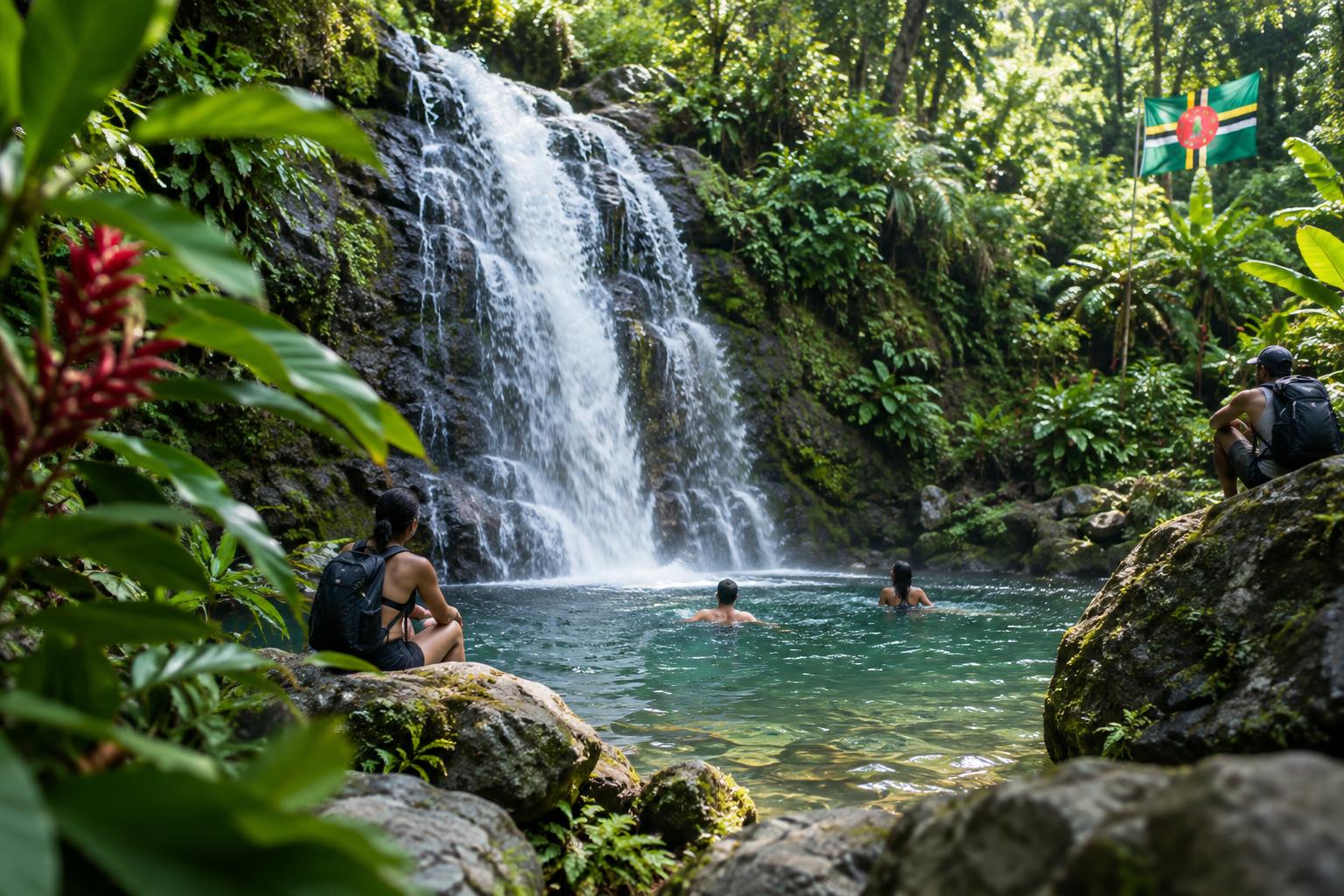 A cascading waterfall surrounded by lush tropical vegetation with hikers enjoying the pool below, the flag of Dominica visible in the background, natural daylight filtering through the canopy