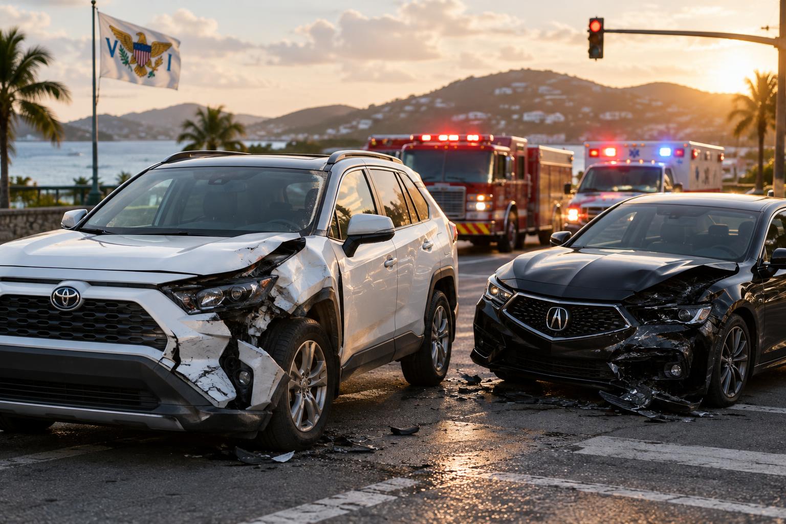 A damaged white Toyota RAV4 and black Acura at an intersection under early morning light, emergency vehicles in the background, the US Virgin Islands flag visible, no bodies or identifiable people