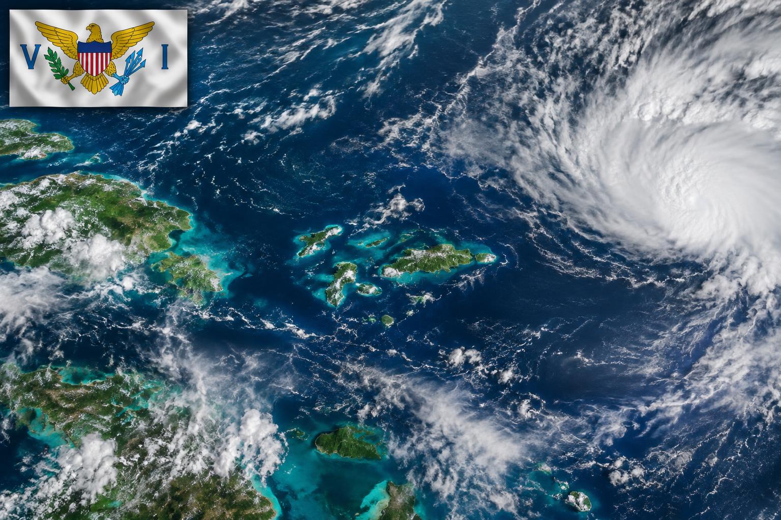 A weather map or satellite image of the US Virgin Islands and surrounding Caribbean waters, with the US Virgin Islands flag in the corner, showing typical tropical weather patterns with clouds and ocean