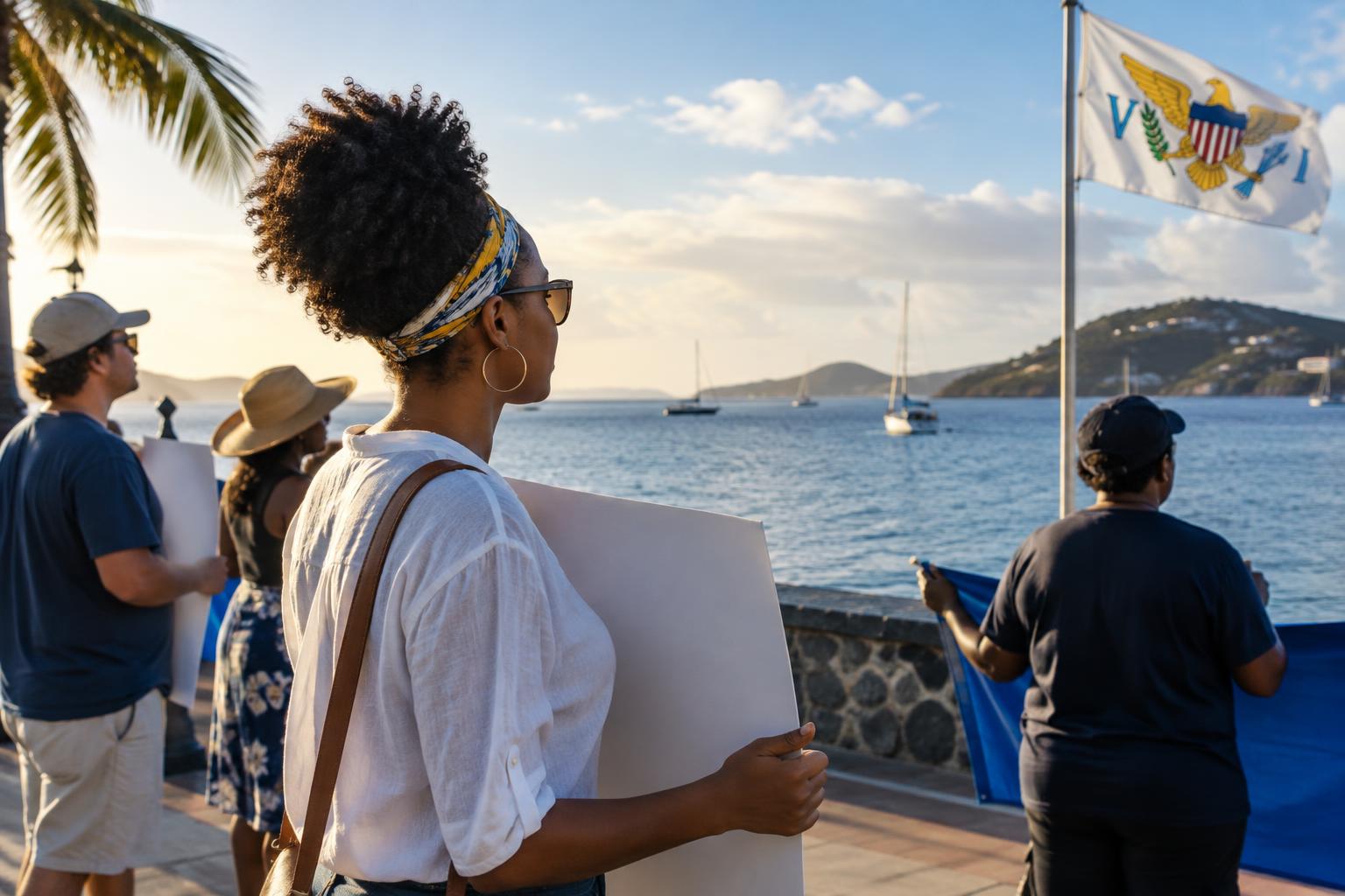 A small group of people gathered outdoors on a waterfront promenade in morning light, holding signs or banners, with calm water and trade wind conditions visible, the US Virgin Islands flag in the background, cinematic natural lighting