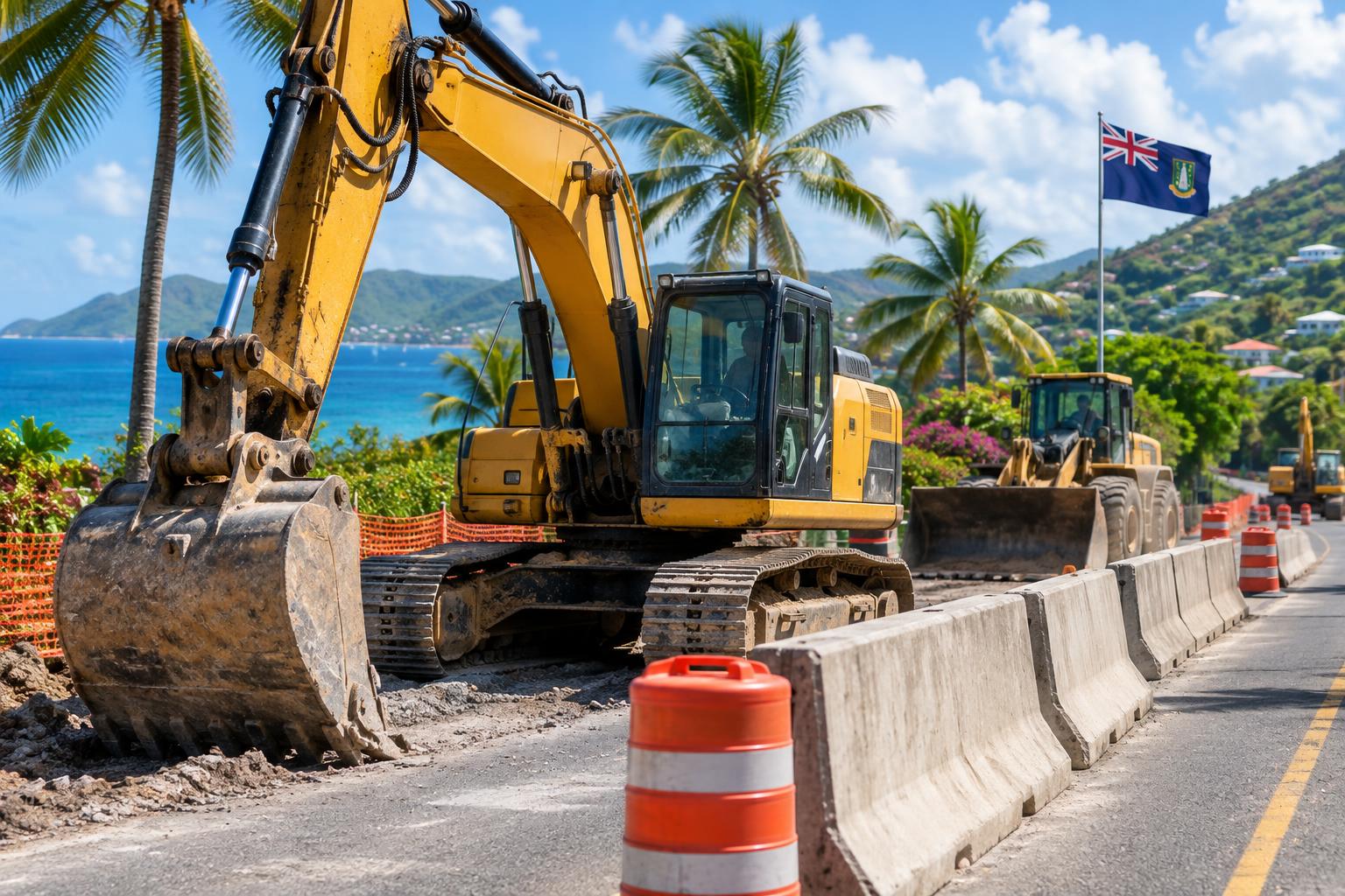 Heavy construction equipment and barriers on a Caribbean roadway with palm trees and tropical landscape, the BVI flag visible in the background, daytime lighting