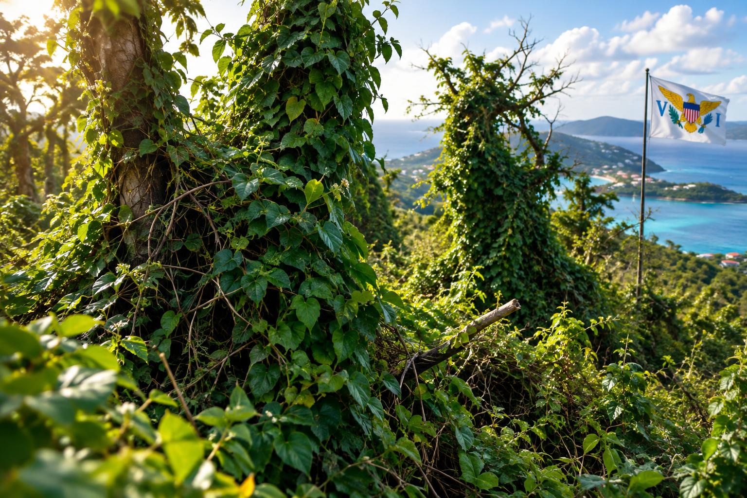 Dense tangle of invasive vines and plants choking native trees and shrubs on a hillside, with the US Virgin Islands flag and a Caribbean landscape in the background, morning light filtering through the overgrown vegetation