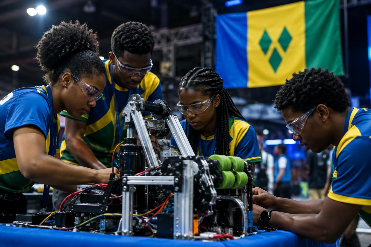 A robotics team gathered around their competition robot at a global event, with the flag of St Vincent and the Grenadines visible in the background, cinematic lighting highlighting their focus and determination.