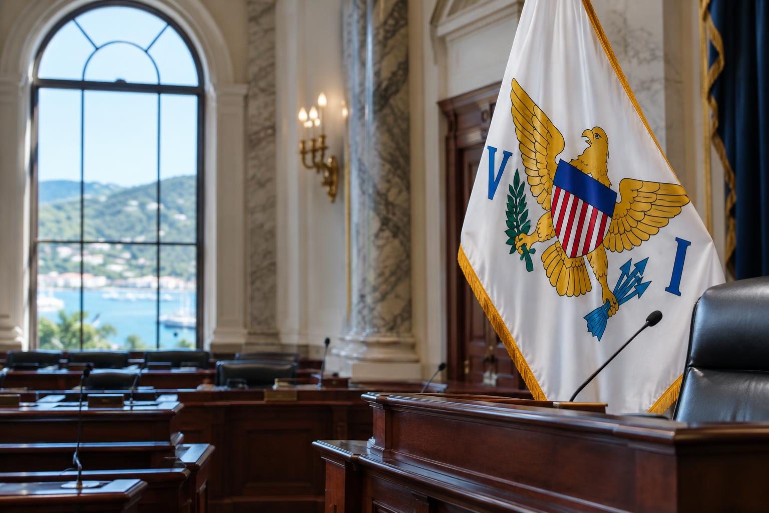 A legislative chamber or government building interior with the US Virgin Islands flag visible, formal and official setting, natural daylight, no identifiable people
