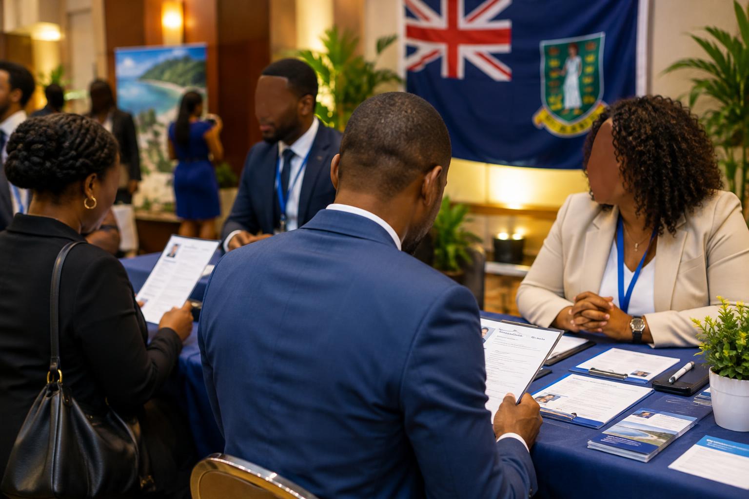 A diverse group of professionals at a recruitment table with resumes and job listings, the BVI flag visible in the background, indoor venue with warm lighting and welcoming atmosphere, no identifiable faces.