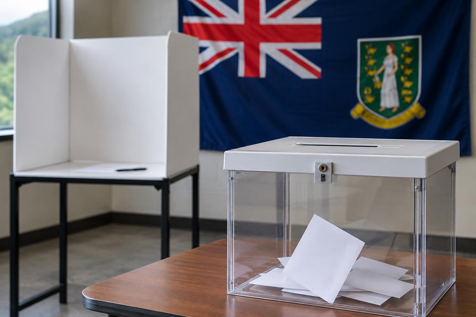 A voting booth with a ballot box and the British Virgin Islands flag in the background, neutral lighting, no people visible, emphasizing the democratic process and civic duty