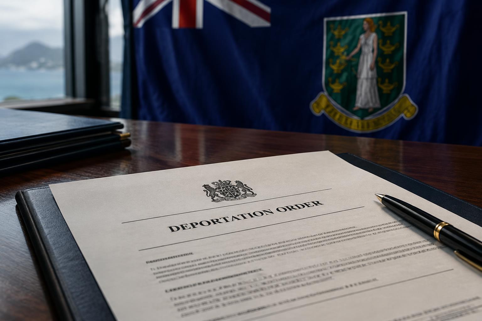 An official government document or deportation order on a desk with the BVI flag in the background, formal and austere lighting, no identifiable people
