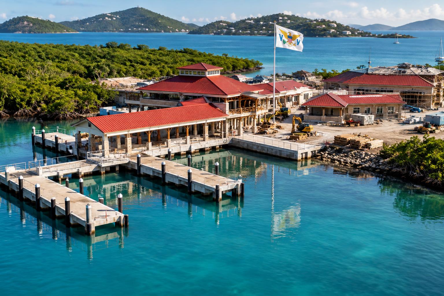 An aerial view of a red-roofed resort dock and ferry terminal under construction on a turquoise Caribbean waterfront, with the US Virgin Islands flag flying above, mangroves visible at the shoreline, and calm water reflecting the development site.