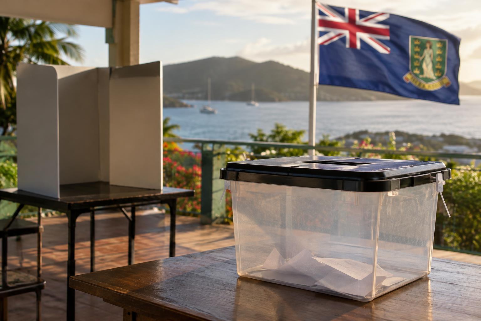 A voting booth with a ballot box in a Caribbean setting, the BVI flag visible in the background, soft natural lighting suggesting early morning or late afternoon, no identifiable people