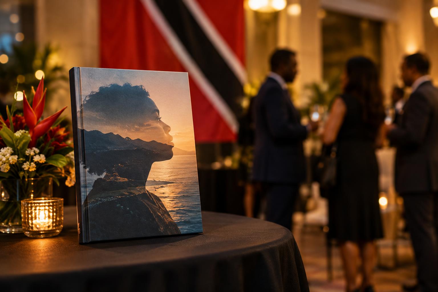 A copy of the book Human, Still displayed on a table with the Trinidad and Tobago flag in the background, soft warm lighting suggesting an evening event, with blurred figures of professionals in conversation nearby
