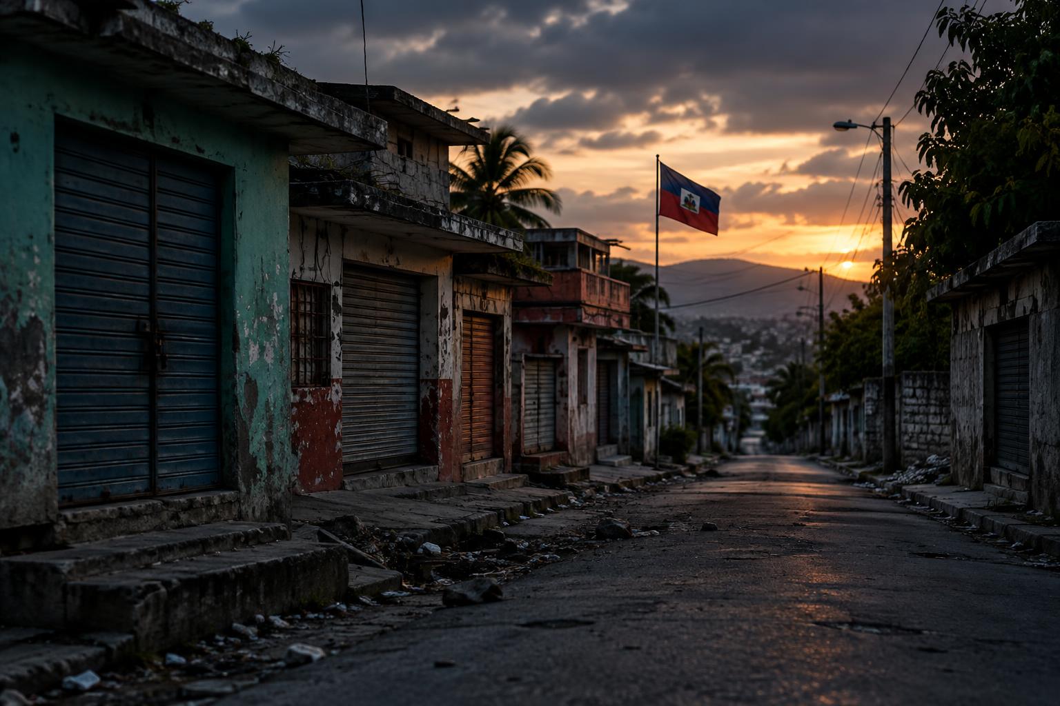 An abandoned rural Haitian street with shuttered homes and the Haitian flag in the distance, suggesting displacement and insecurity, shot at dusk with dramatic shadows, no people visible