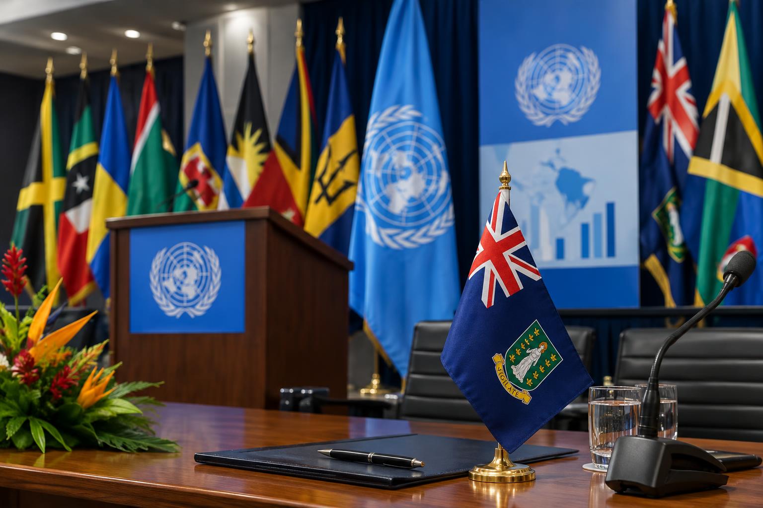 A conference room setting with the flags of the Caribbean nations and the UN, showing a podium or meeting table, with the British Virgin Islands flag and ECLAC logo visible, professional lighting, no identifiable people